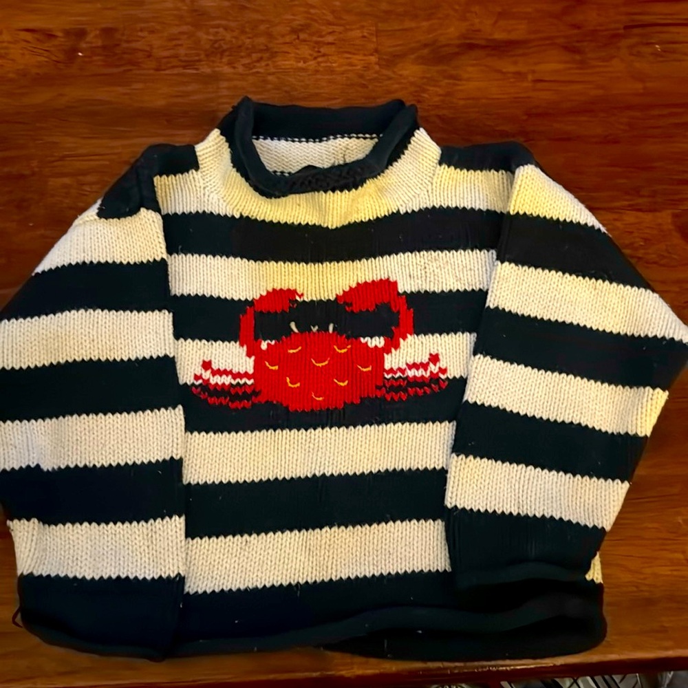 Kids knit sweater nautical navy stripes with crab